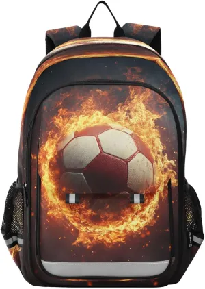 Flaming Football Multi Compartment Student Backpack Reflective Stripes Travel Bag Casual Daypack School Bags for Boys Girls