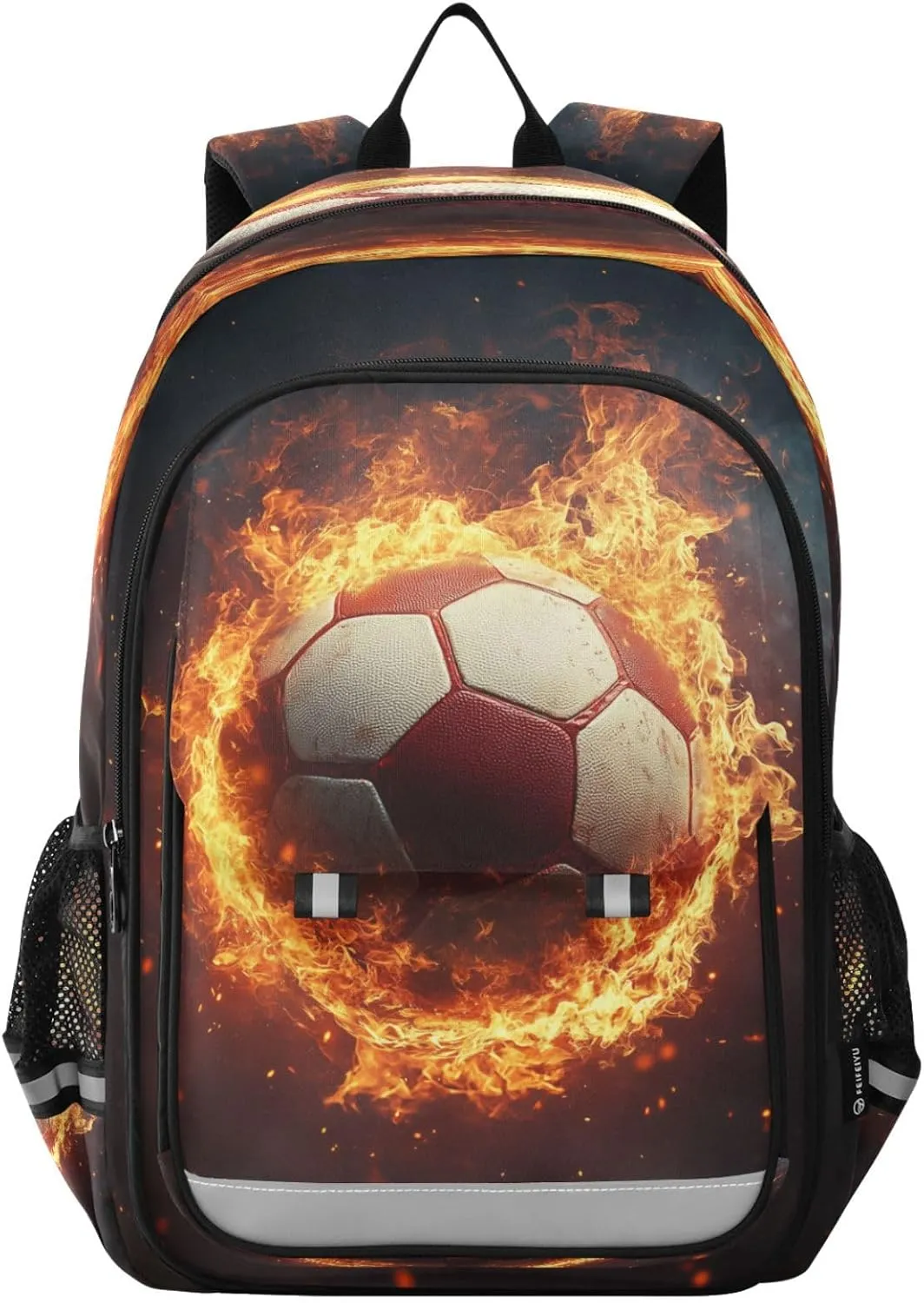 Flaming Football Multi Compartment Student Backpack Reflective Stripes Travel Bag Casual Daypack School Bags for Boys Girls