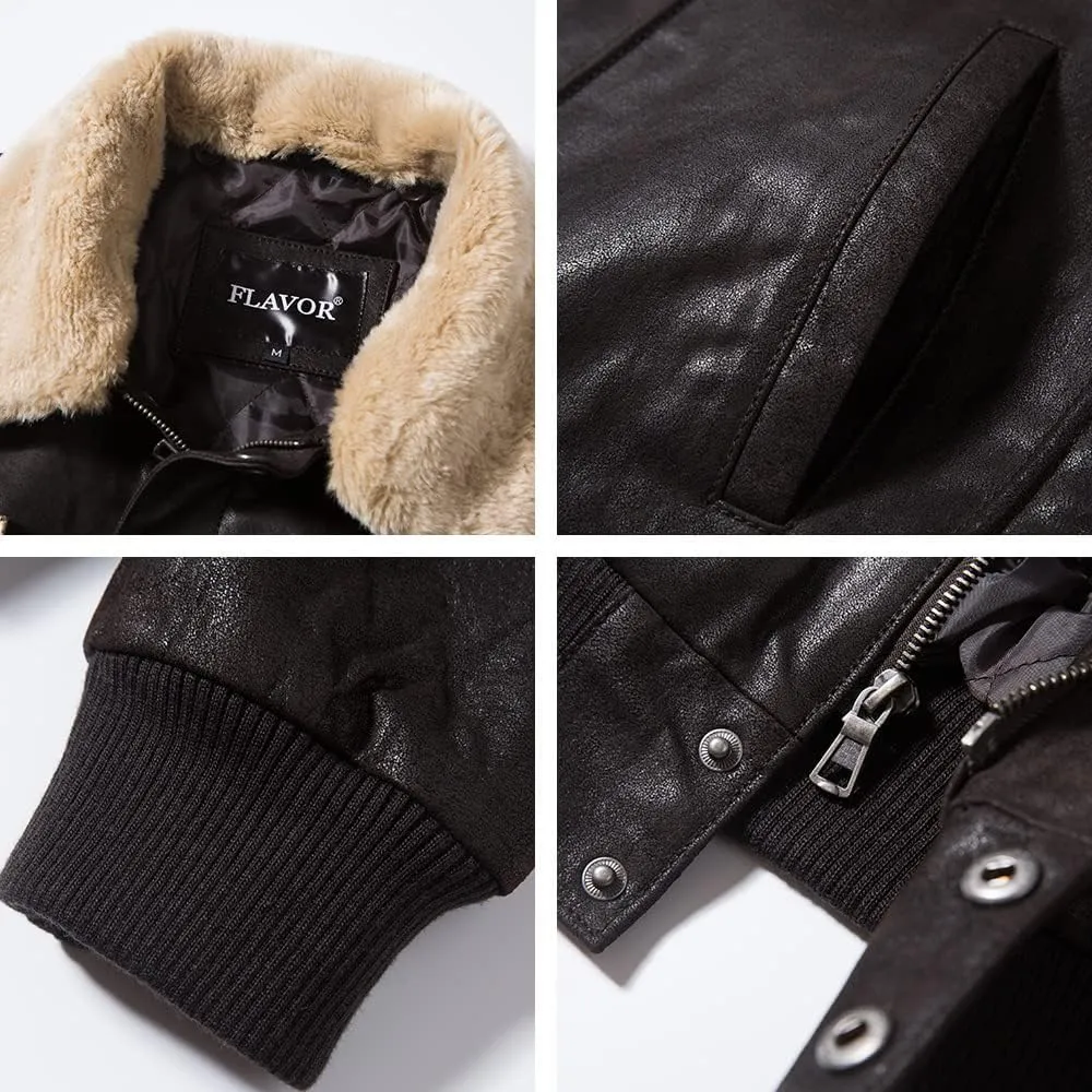 FLAVOR Men's Real Leather Bomber Jacket with Removable Fur Collar Aviator