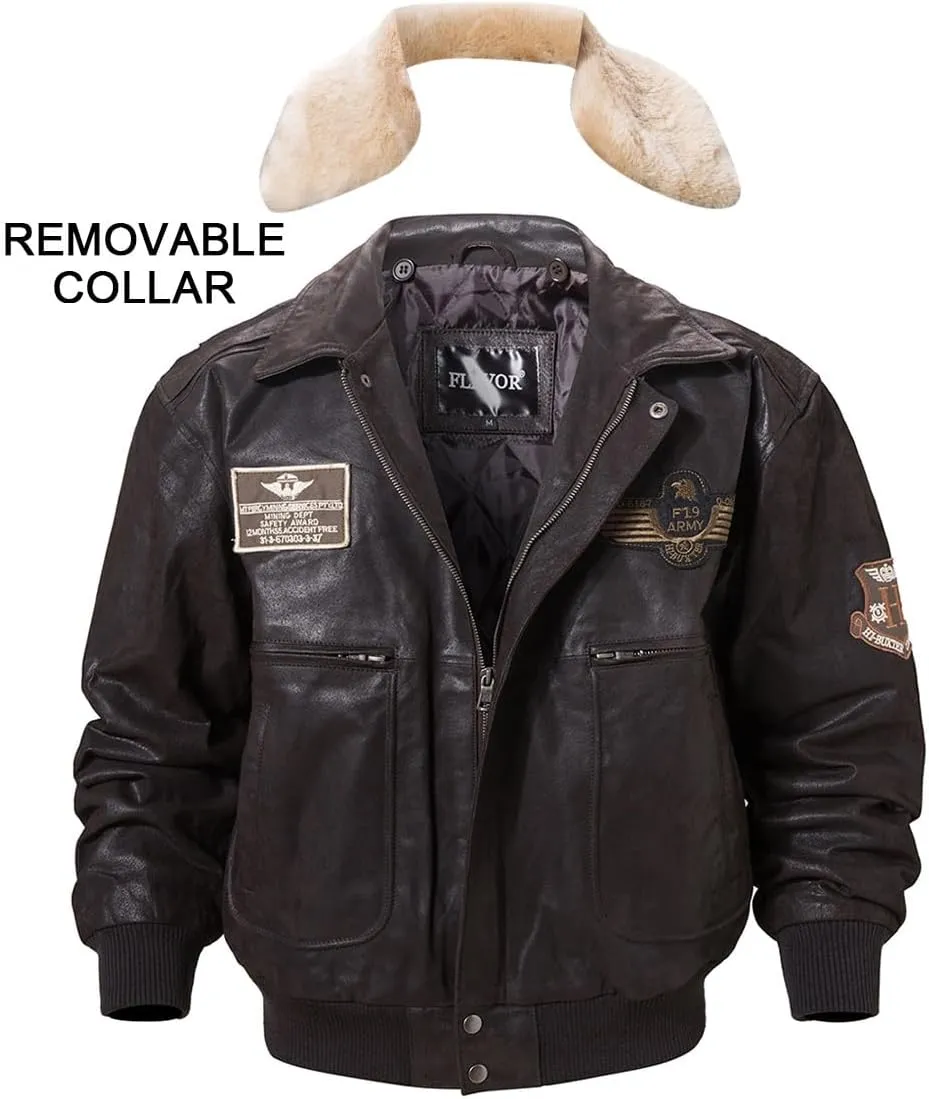 FLAVOR Men's Real Leather Bomber Jacket with Removable Fur Collar Aviator