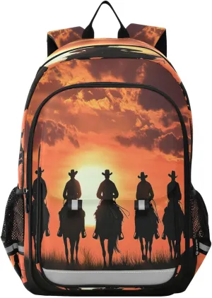 Flip Student Backpack Desert Troops Cowboy under Sunset School Bookbag with Reflective Stripe,Laptop Backpack for Outdoor Camping Travel Daypack Casual Bags