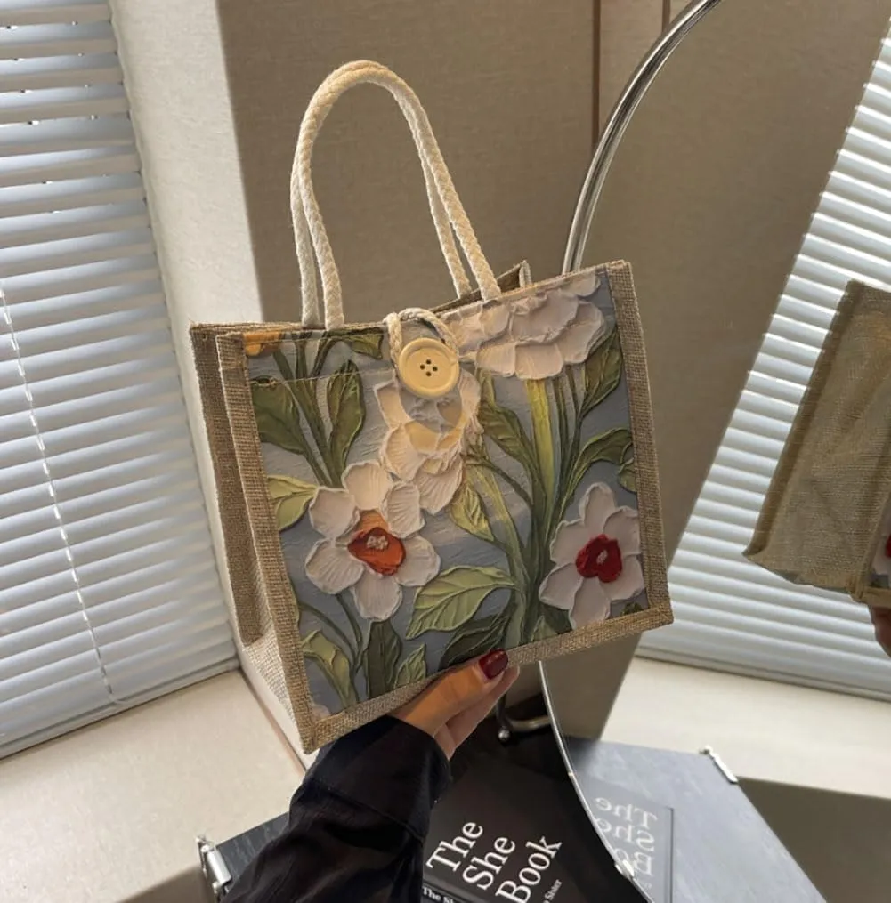 Floral Canvas Tote Bag, 21.5x20 cm, Vintage Style Botanical Print, Natural Linen with Rope Handles, Button Closure