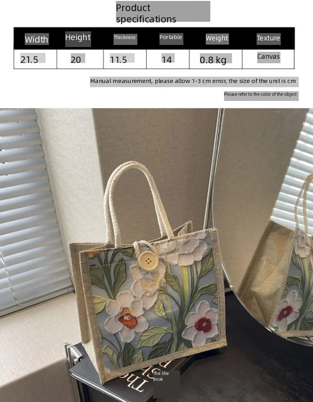 Floral Canvas Tote Bag, 21.5x20 cm, Vintage Style Botanical Print, Natural Linen with Rope Handles, Button Closure