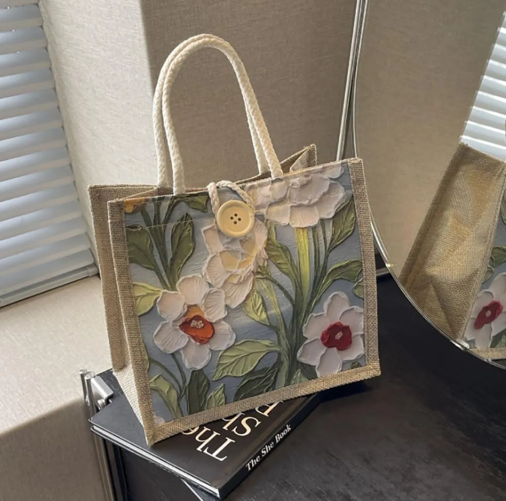 Floral Canvas Tote Bag, 21.5x20 cm, Vintage Style Botanical Print, Natural Linen with Rope Handles, Button Closure