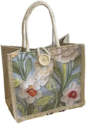 Floral Canvas Tote Bag, 21.5x20 cm, Vintage Style Botanical Print, Natural Linen with Rope Handles, Button Closure