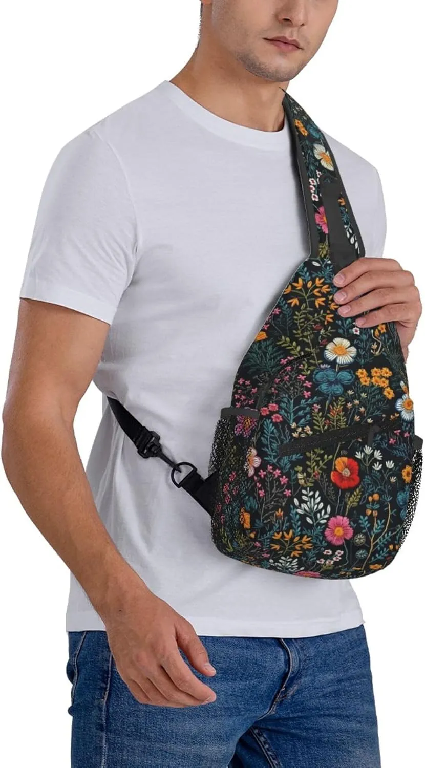 Floral Field Flowers Leaves Nature Sling Backpack Crossbody Bag, Chest Bag Daypack for Outdoors Hiking Traveling