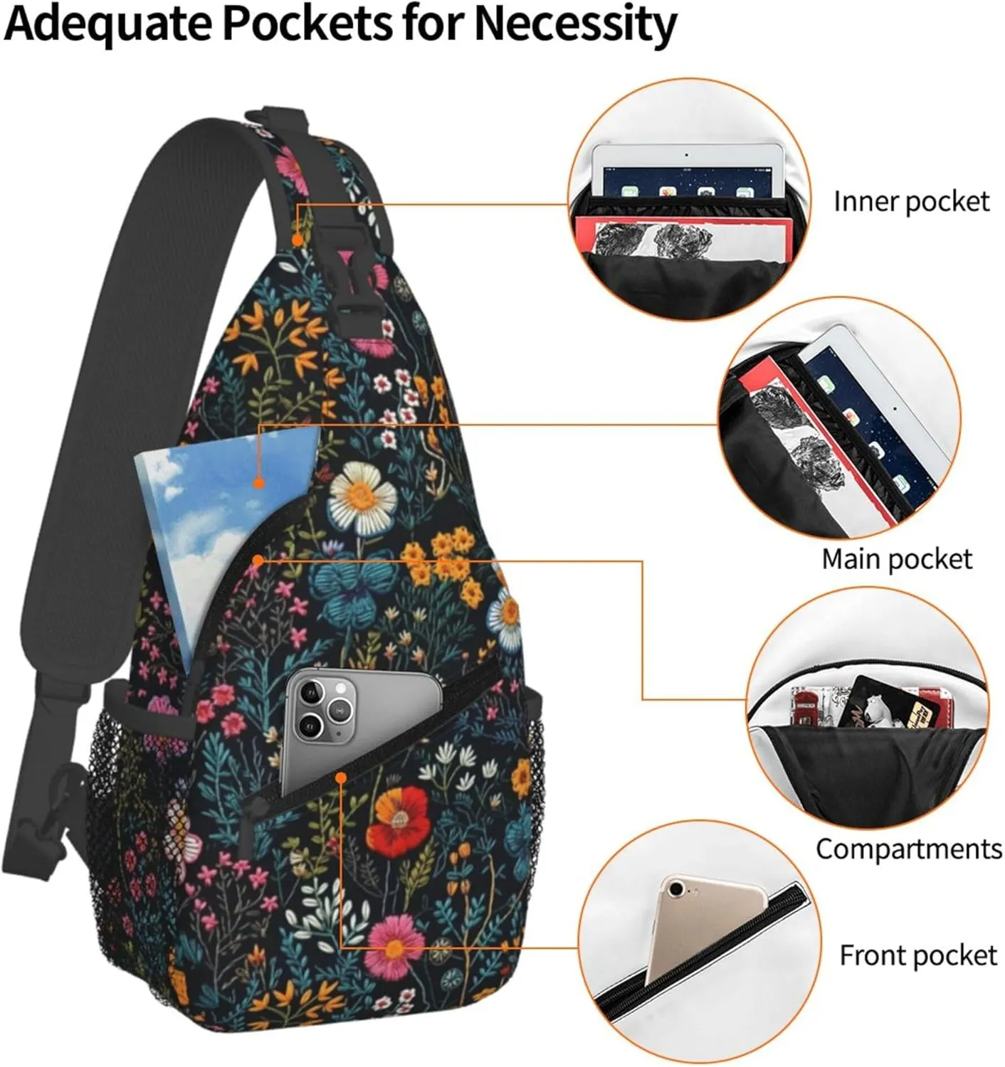 Floral Field Flowers Leaves Nature Sling Backpack Crossbody Bag, Chest Bag Daypack for Outdoors Hiking Traveling