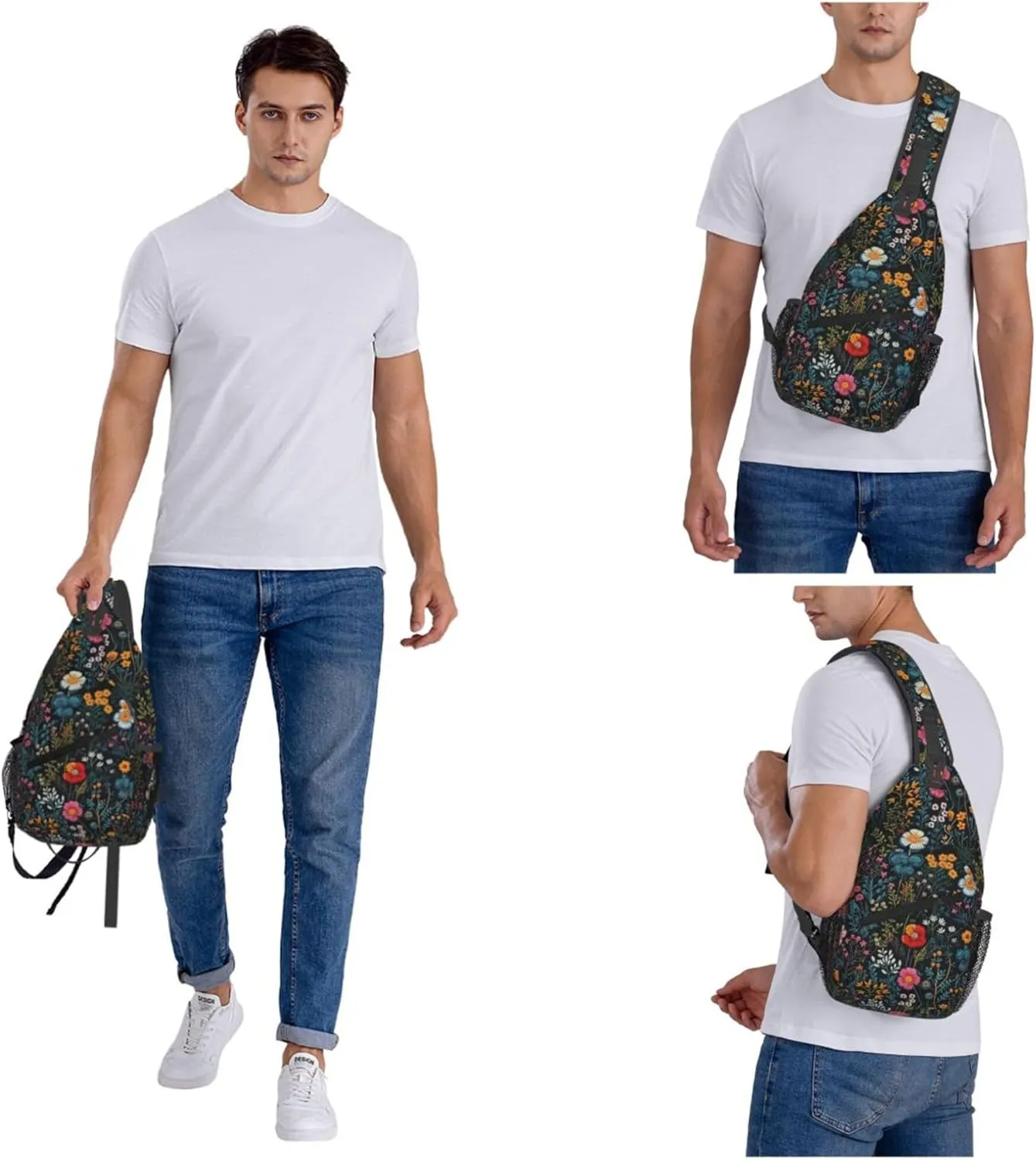 Floral Field Flowers Leaves Nature Sling Backpack Crossbody Bag, Chest Bag Daypack for Outdoors Hiking Traveling