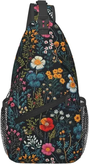 Floral Field Flowers Leaves Nature Sling Backpack Crossbody Bag, Chest Bag Daypack for Outdoors Hiking Traveling