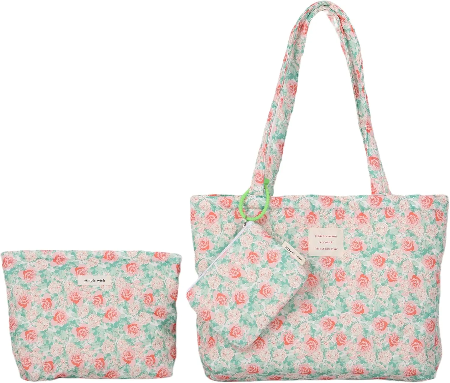 Floral Quilted Cotton Shoulder Bag Set 3-in-1 Handbag with Matching Mini Pouch Cosmetic Bag Large Capacity Tote A053 (Red)