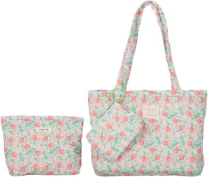 Floral Quilted Cotton Shoulder Bag Set 3-in-1 Handbag with Matching Mini Pouch Cosmetic Bag Large Capacity Tote A053 (Red)