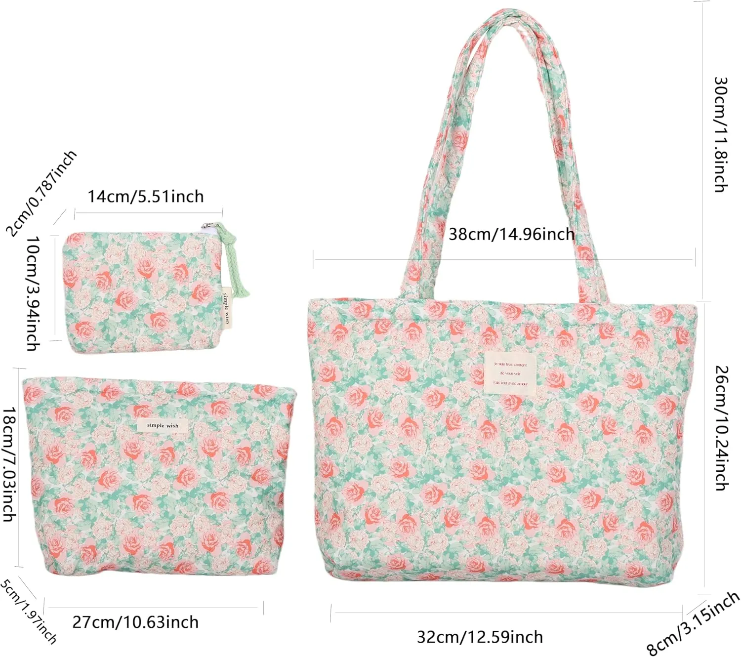 Floral Quilted Cotton Shoulder Bag Set 3-in-1 Handbag with Matching Mini Pouch Cosmetic Bag Large Capacity Tote A053 (Red)