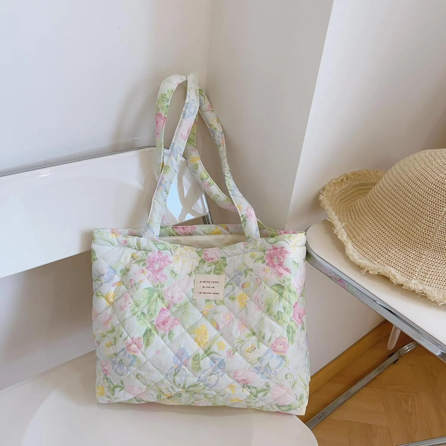 Floral Quilted Cotton Shoulder Bag Set 3-in-1 Handbag with Matching Mini Pouch Cosmetic Bag Large Capacity Tote A053 (Yellow)