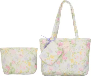Floral Quilted Cotton Shoulder Bag Set 3-in-1 Handbag with Matching Mini Pouch Cosmetic Bag Large Capacity Tote A053 (Yellow)