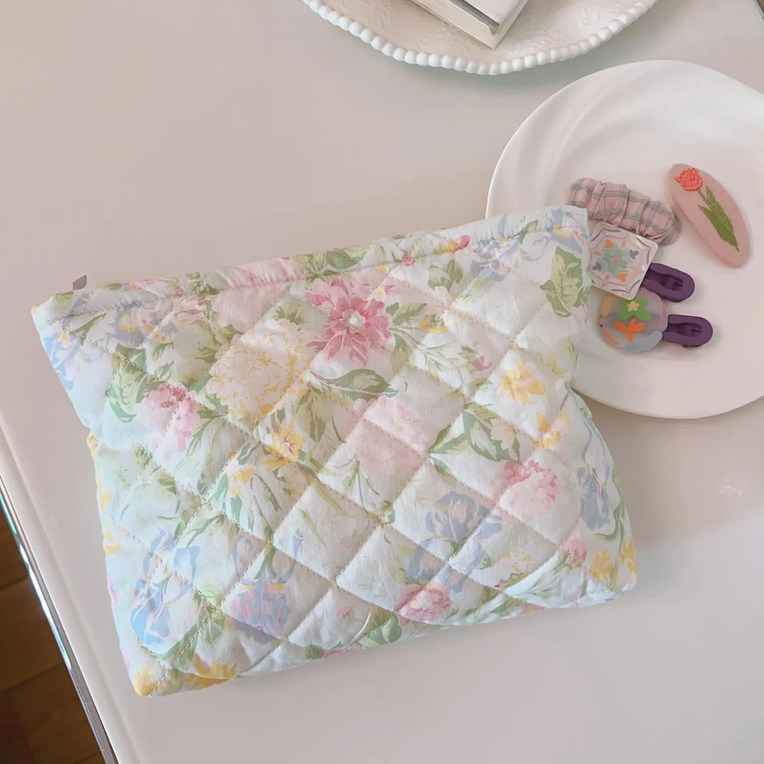 Floral Quilted Cotton Shoulder Bag Set 3-in-1 Handbag with Matching Mini Pouch Cosmetic Bag Large Capacity Tote A053 (Yellow)