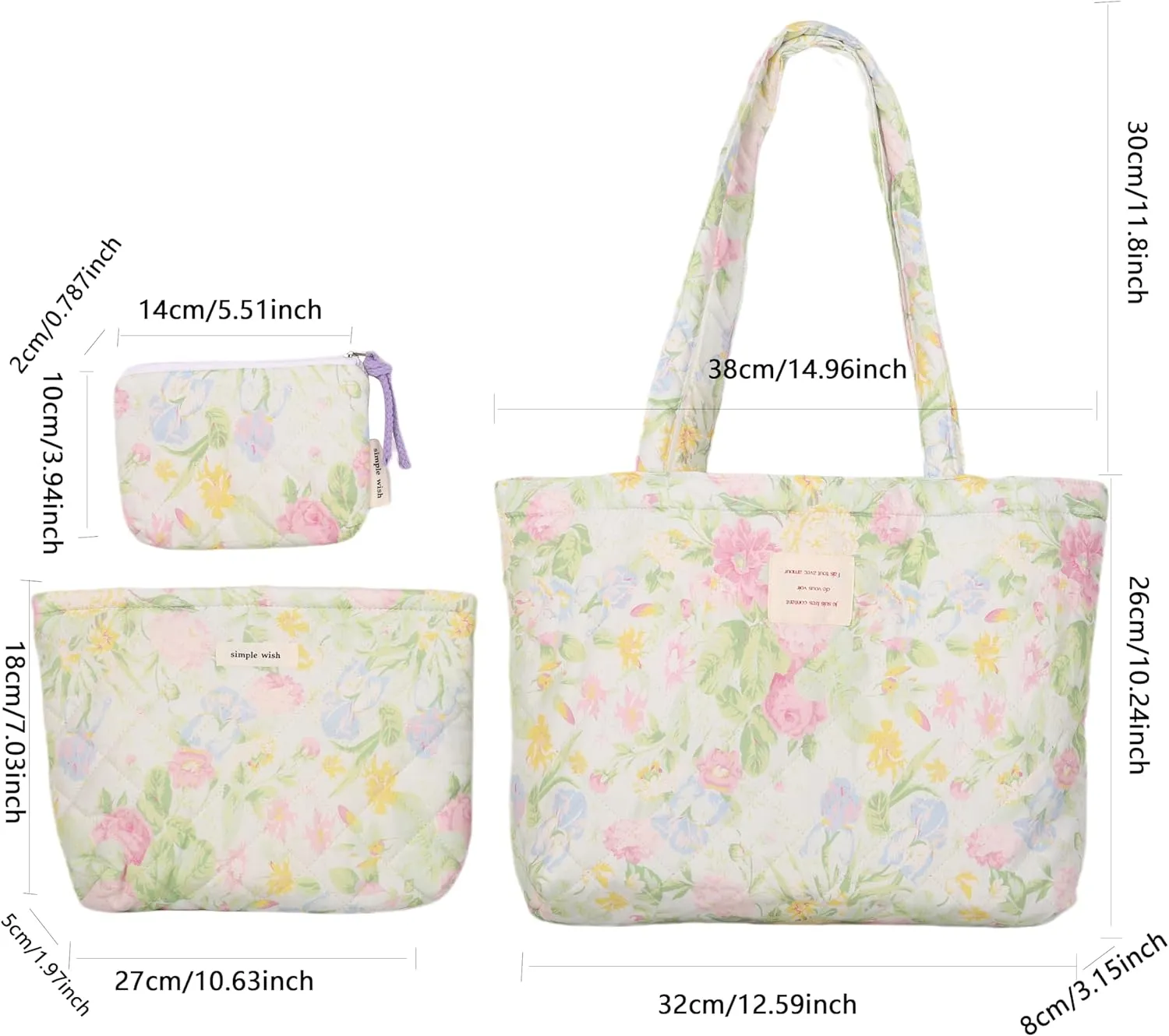 Floral Quilted Cotton Shoulder Bag Set 3-in-1 Handbag with Matching Mini Pouch Cosmetic Bag Large Capacity Tote A053 (Yellow)