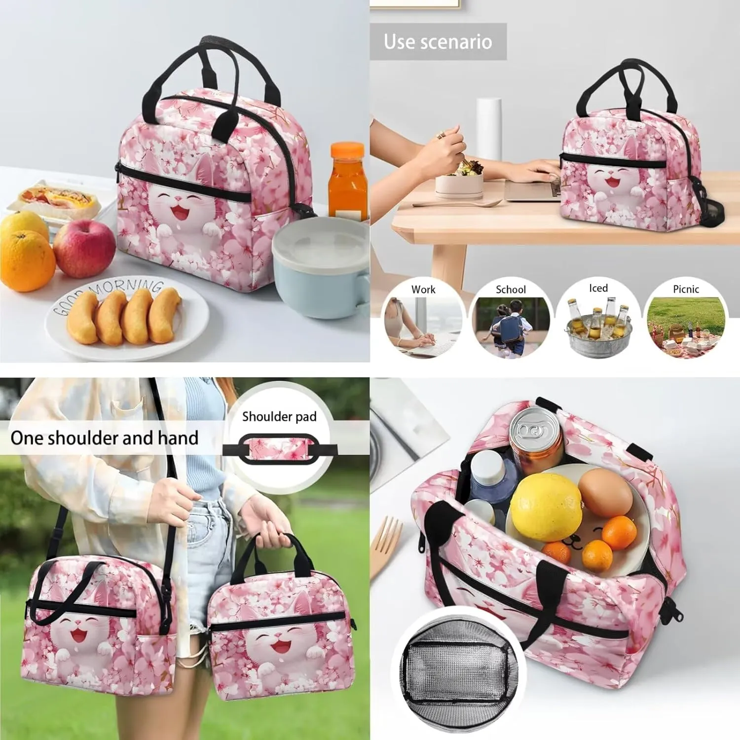 Floral White Cat Backpack and Lunch Bag Set for Girls Bookbags for 2Nd Grade Kids 2 Piece Bookmarks and Large Capacity Pencil Case 4 in 1 Set School Presents for Daughter/Son