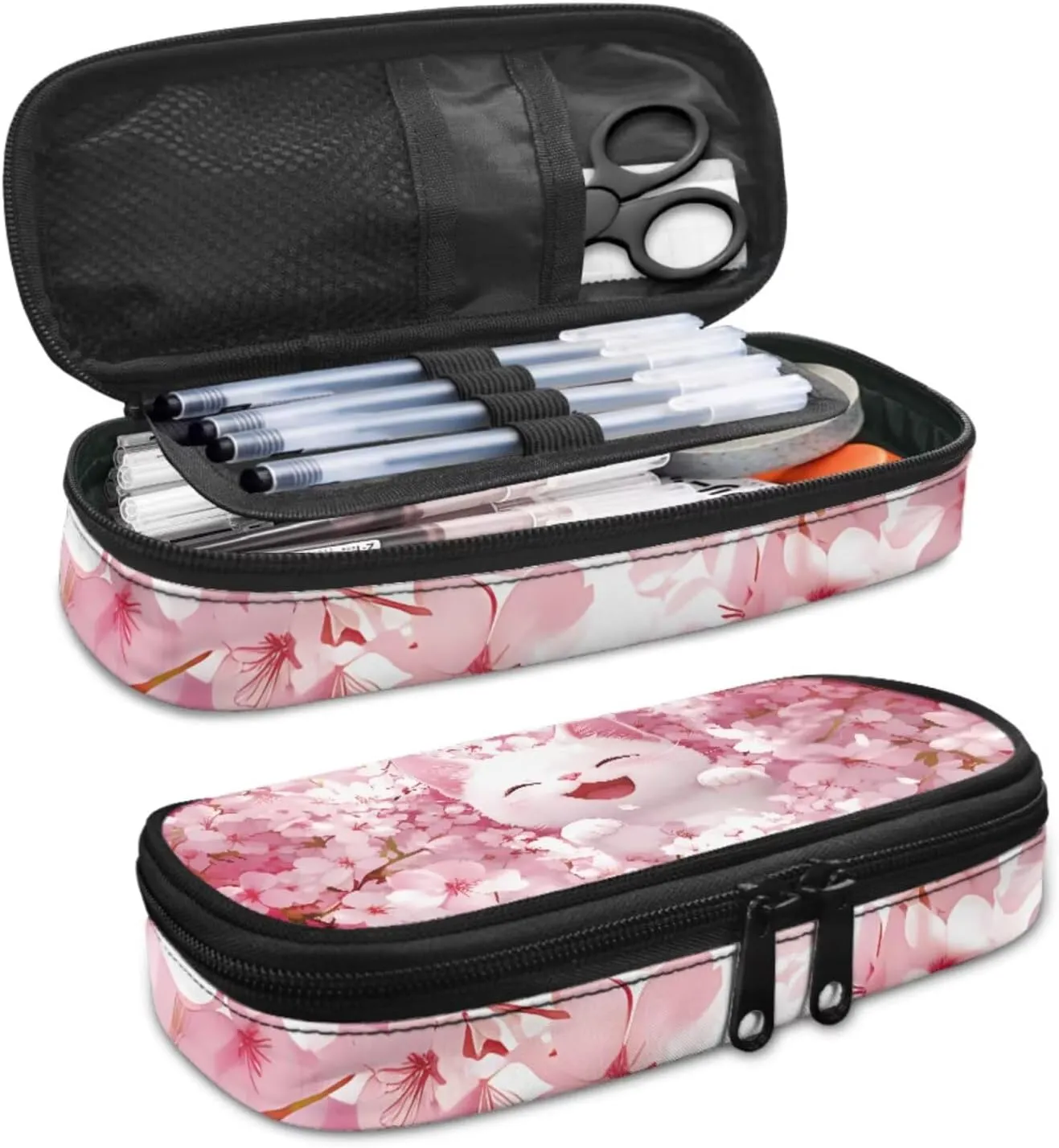 Floral White Cat Backpack and Lunch Bag Set for Girls Bookbags for 2Nd Grade Kids 2 Piece Bookmarks and Large Capacity Pencil Case 4 in 1 Set School Presents for Daughter/Son