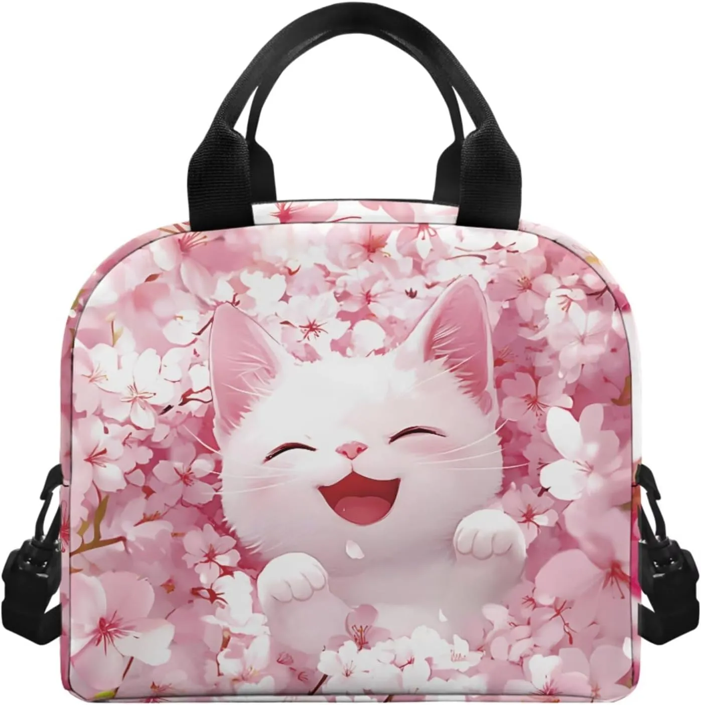 Floral White Cat Backpack and Lunch Bag Set for Girls Bookbags for 2Nd Grade Kids 2 Piece Bookmarks and Large Capacity Pencil Case 4 in 1 Set School Presents for Daughter/Son