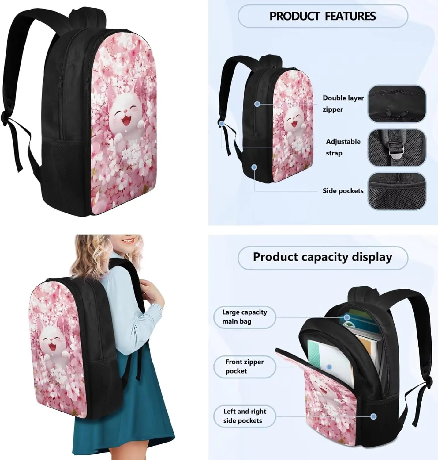 Floral White Cat Backpack and Lunch Bag Set for Girls Bookbags for 2Nd Grade Kids 2 Piece Bookmarks and Large Capacity Pencil Case 4 in 1 Set School Presents for Daughter/Son