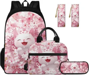 Floral White Cat Backpack and Lunch Bag Set for Girls Bookbags for 2Nd Grade Kids 2 Piece Bookmarks and Large Capacity Pencil Case 4 in 1 Set School Presents for Daughter/Son