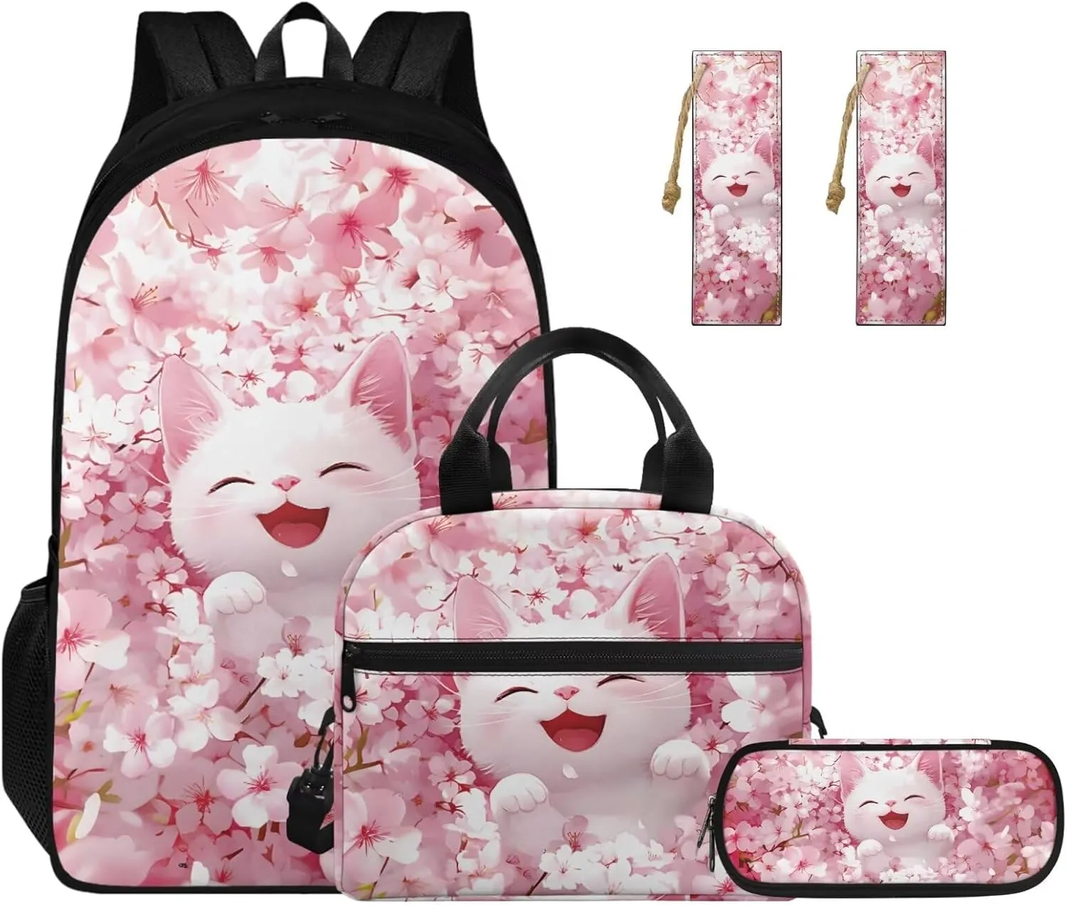 Floral White Cat Backpack and Lunch Bag Set for Girls Bookbags for 2Nd Grade Kids 2 Piece Bookmarks and Large Capacity Pencil Case 4 in 1 Set School Presents for Daughter/Son