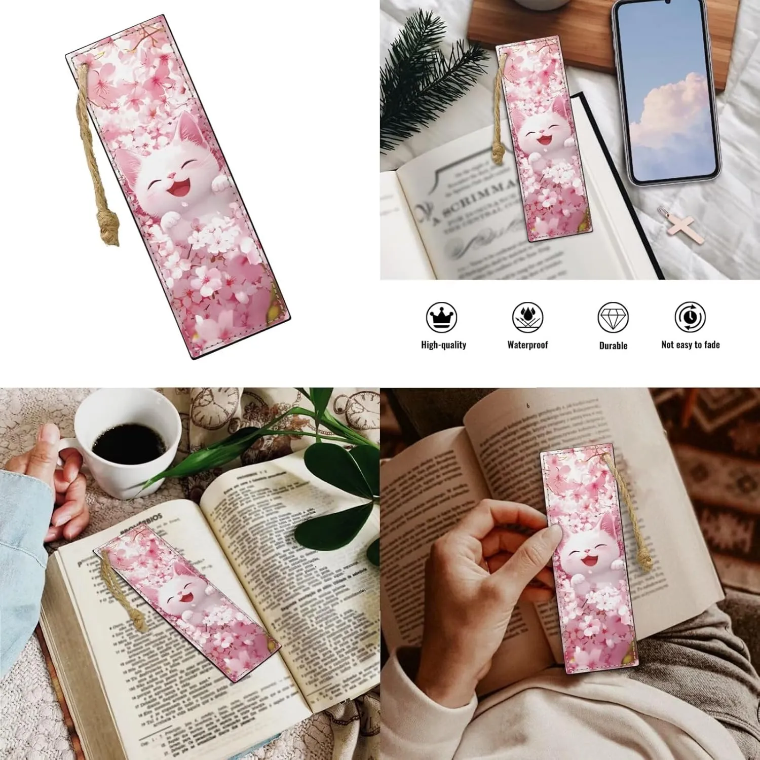 Floral White Cat Backpack and Lunch Bag Set for Girls Bookbags for 2Nd Grade Kids 2 Piece Bookmarks and Large Capacity Pencil Case 4 in 1 Set School Presents for Daughter/Son