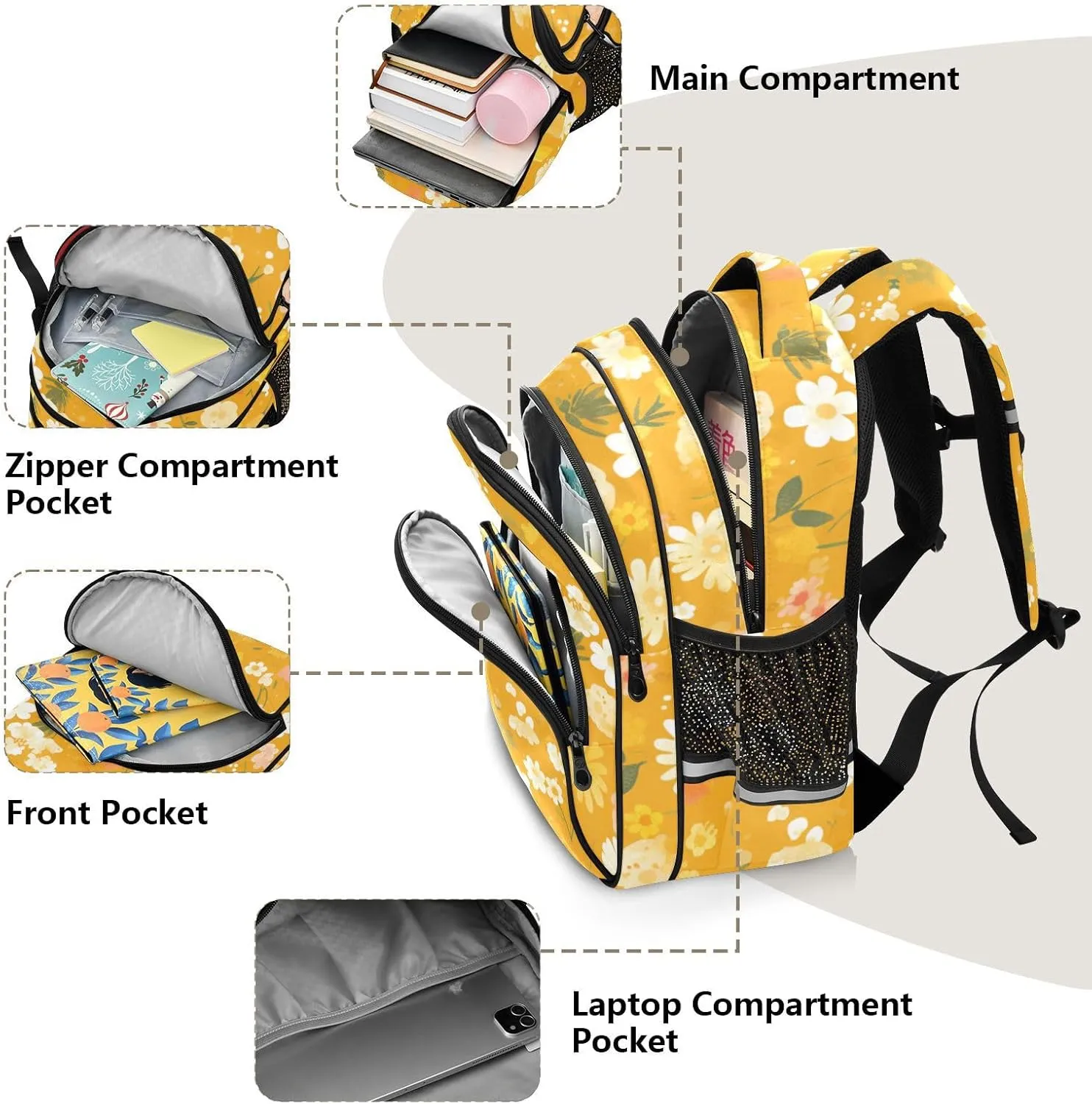 Flowers Cartoon Cute Orange Backpack Bookbag School Bag with Pockets for Kids Girls Boys Toddler Toddlers Small Bookbags Schoolbag Travel Ages 3-14