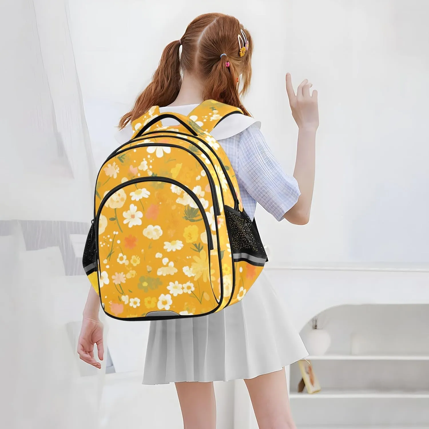 Flowers Cartoon Cute Orange Backpack Bookbag School Bag with Pockets for Kids Girls Boys Toddler Toddlers Small Bookbags Schoolbag Travel Ages 3-14