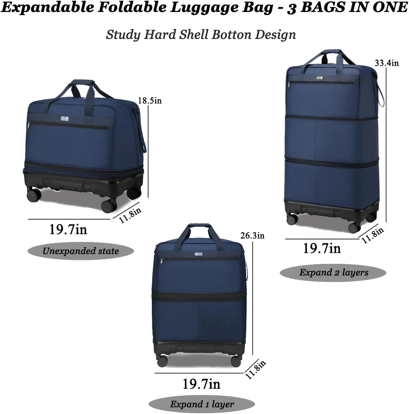 Foldable Suitcases with Wheels, Expandable uggage Rolling Travel Duffle Bag without Telescopic Handle,Collapsible LLarge Weekender Bag for Men Women (Blue)