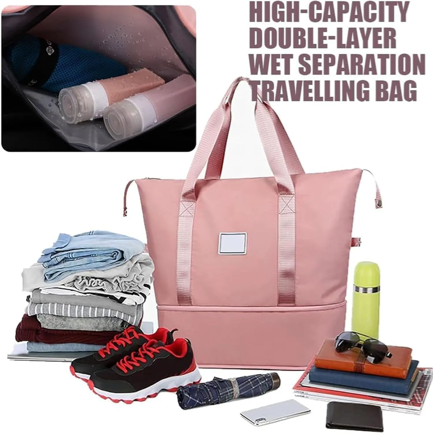Foldable Travel Bag Expandable, Wealthyn High-Capacity Double-Layer Wet Separation Travelling Bag (Light Purple)