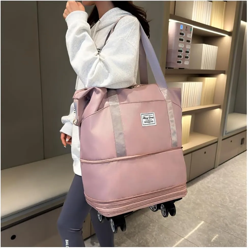 Foldable Travel Duffel Bag, Expandable Rolling Duffle Bag Waterproof Sports Tote Gym Bag Rolling Luggage Bag Carry Bag for Men Women without Telescoping Handle