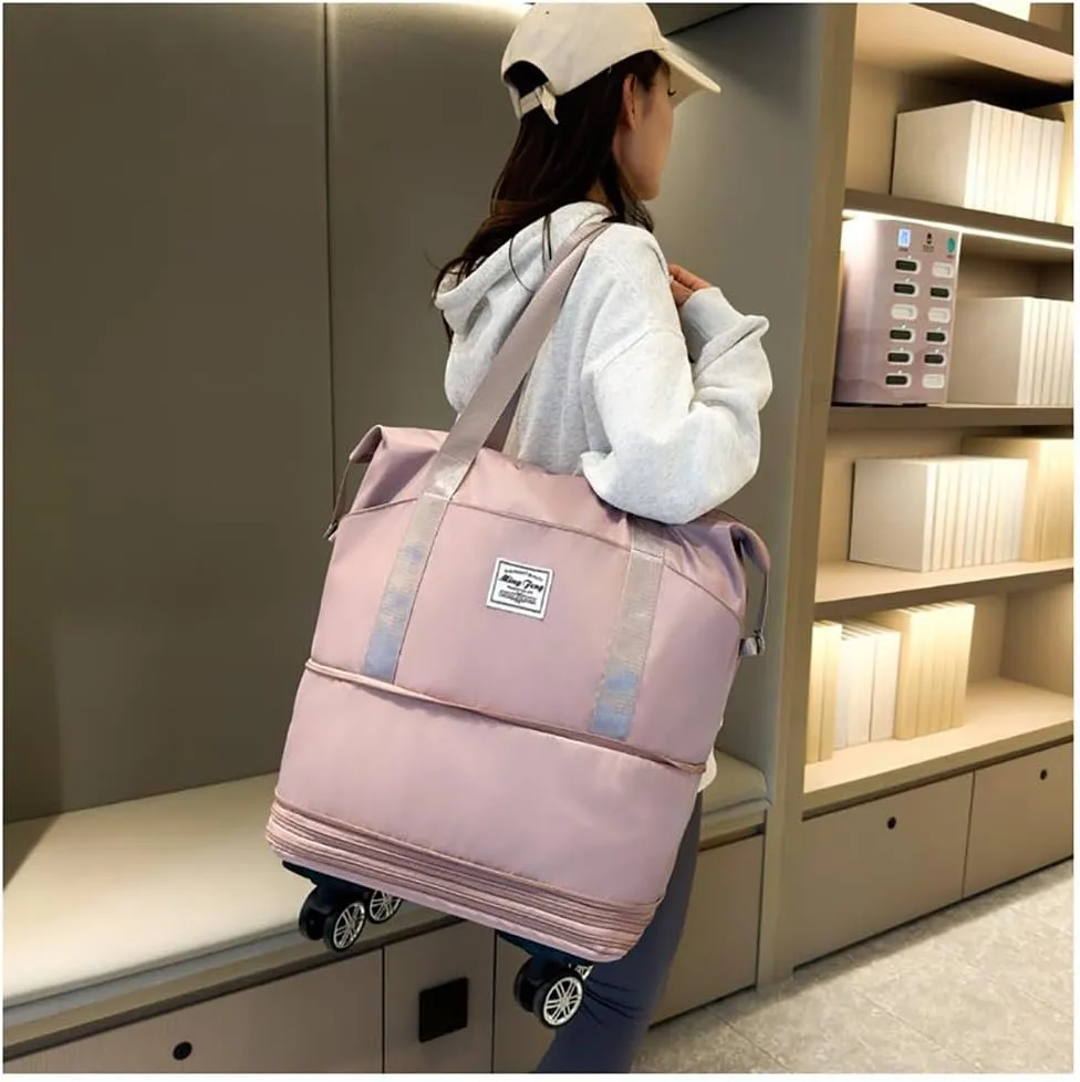 Foldable Travel Duffel Bag, Expandable Rolling Duffle Bag Waterproof Sports Tote Gym Bag Rolling Luggage Bag Carry Bag for Men Women without Telescoping Handle