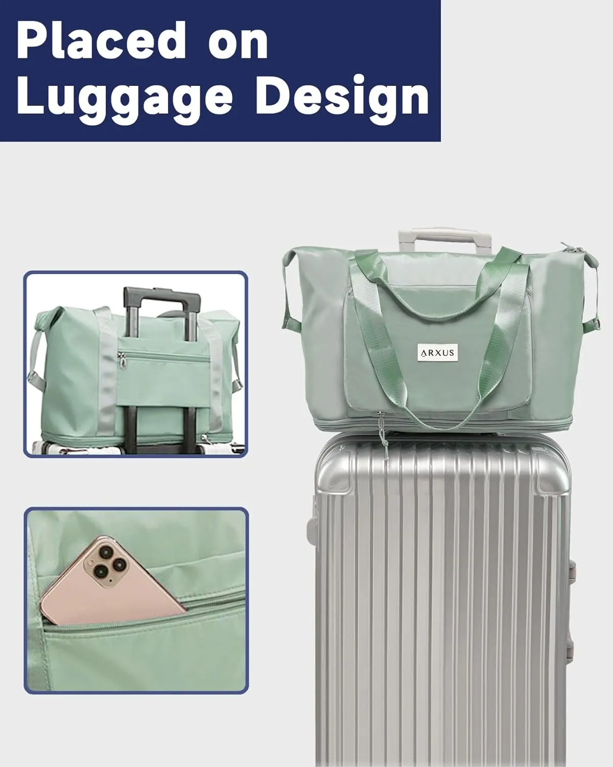 Folding Travel Bag Carry on Bags for Airplanes with Detachable Adjustable Shoulder Strap Light Weight Travel Duffle Bag for Women with Suitcase Sleeve 17x11x9 inch