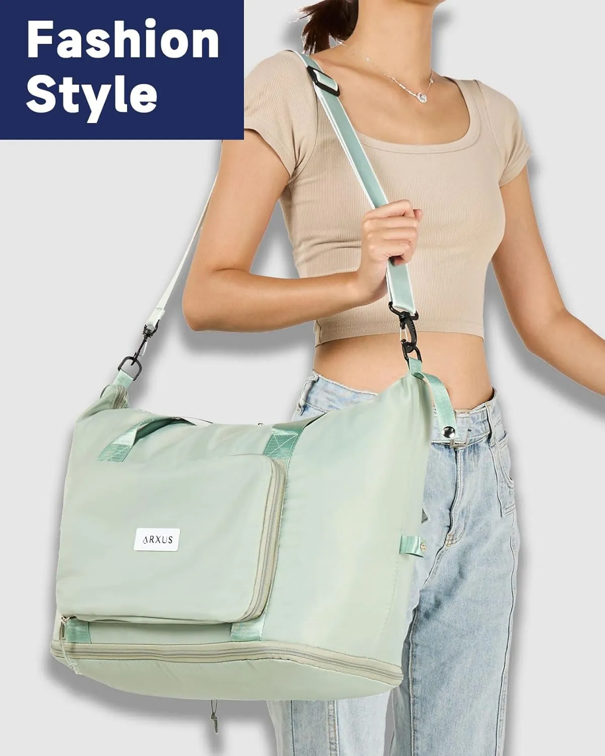 Folding Travel Bag Carry on Bags for Airplanes with Detachable Adjustable Shoulder Strap Light Weight Travel Duffle Bag for Women with Suitcase Sleeve 17x11x9 inch