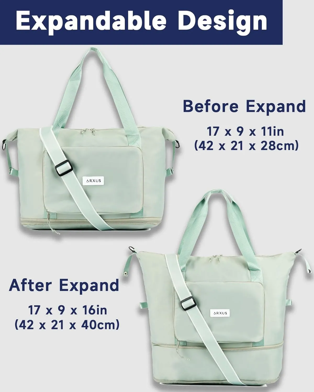 Folding Travel Bag Carry on Bags for Airplanes with Detachable Adjustable Shoulder Strap Light Weight Travel Duffle Bag for Women with Suitcase Sleeve 17x11x9 inch