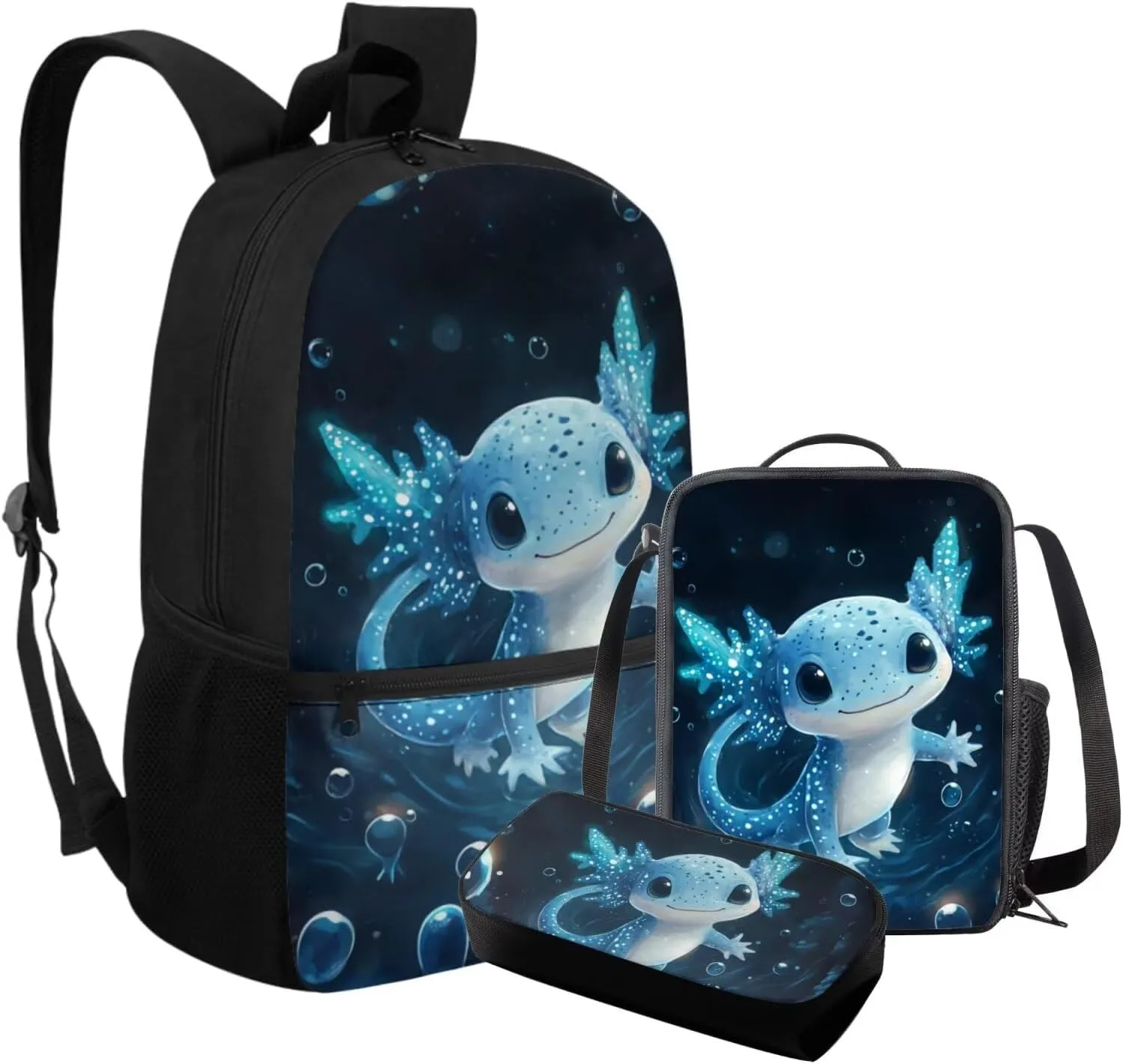 FOR U DESIGNS Axolotl Backpack for Girls 3rd Grade School Backpacks with Lunch Bag Kawaii Kindergarten Elementary Bookbag Set 3 Piece Kids Book Bags for Girls Ages 6-8 Back Pack