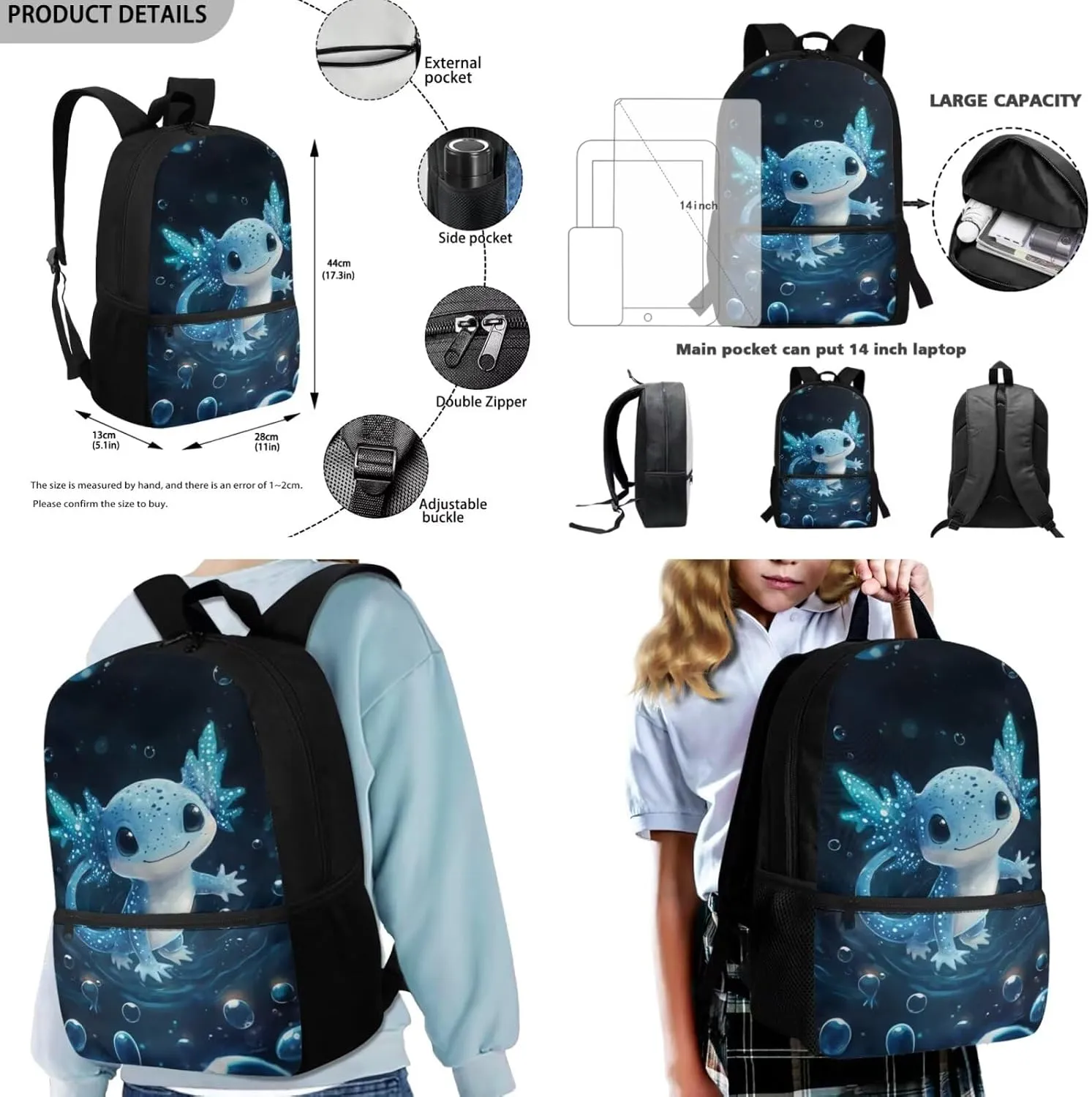 FOR U DESIGNS Axolotl Backpack for Girls 3rd Grade School Backpacks with Lunch Bag Kawaii Kindergarten Elementary Bookbag Set 3 Piece Kids Book Bags for Girls Ages 6-8 Back Pack