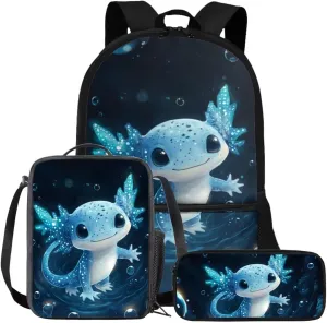 FOR U DESIGNS Axolotl Backpack for Girls 3rd Grade School Backpacks with Lunch Bag Kawaii Kindergarten Elementary Bookbag Set 3 Piece Kids Book Bags for Girls Ages 6-8 Back Pack