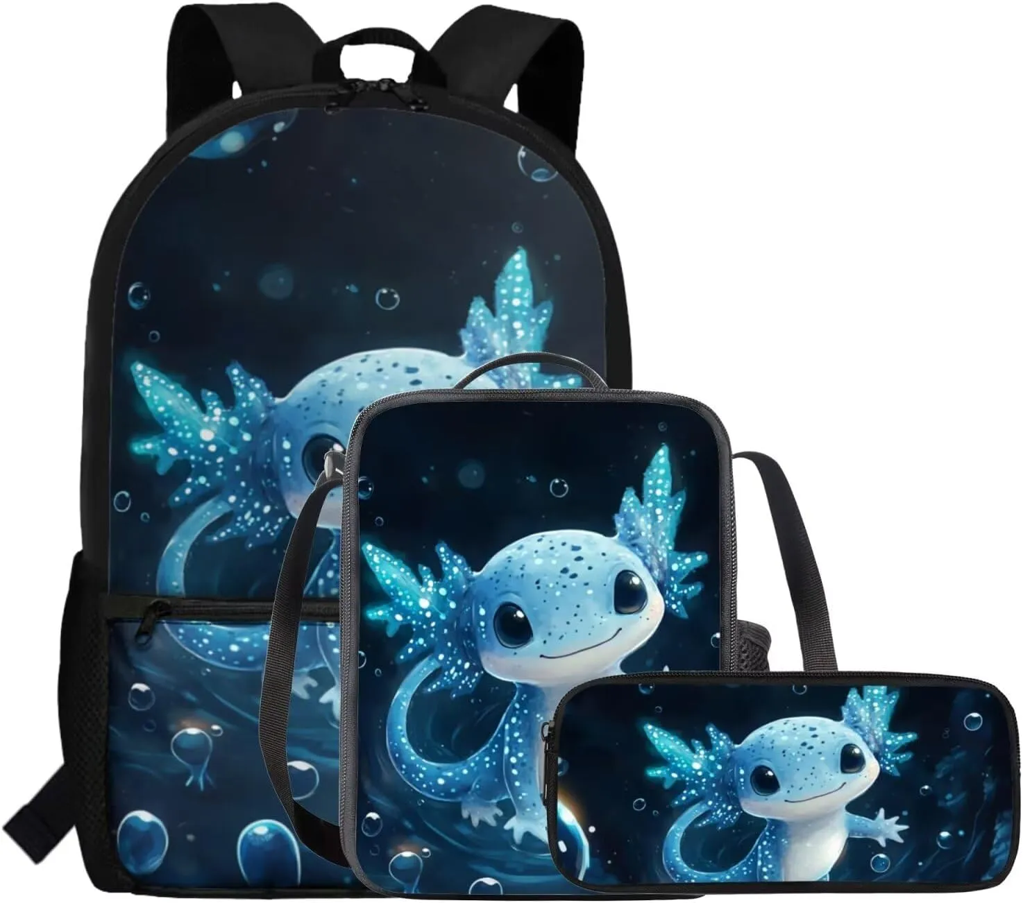 FOR U DESIGNS Axolotl Backpack for Girls 3rd Grade School Backpacks with Lunch Bag Kawaii Kindergarten Elementary Bookbag Set 3 Piece Kids Book Bags for Girls Ages 6-8 Back Pack