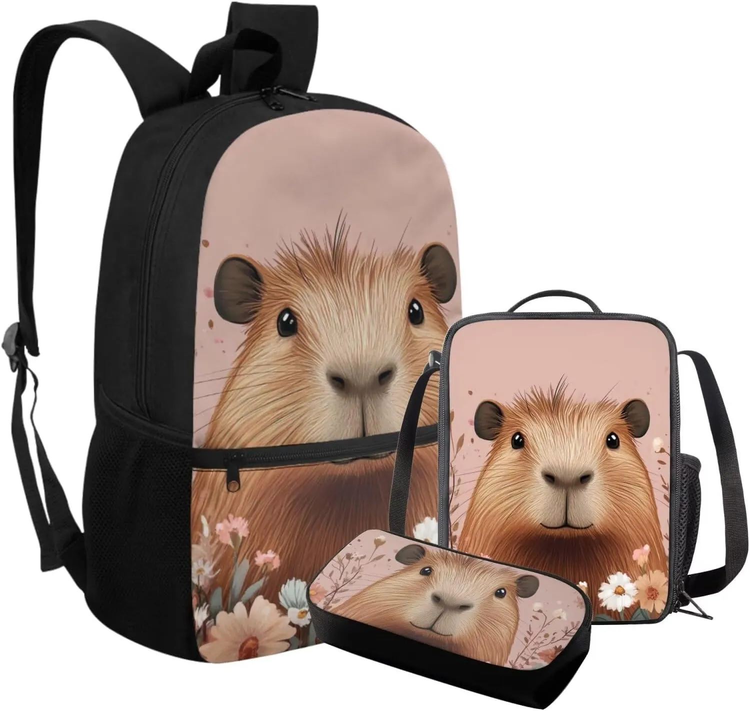 FOR U DESIGNS Capybara Backpacks for Girls 3 Piece Bookbag for Kindergarten Girls Cute 2nd Grade School Bag and Lunch Kit Kawaii 17 Inch Mochilas Para Niñas