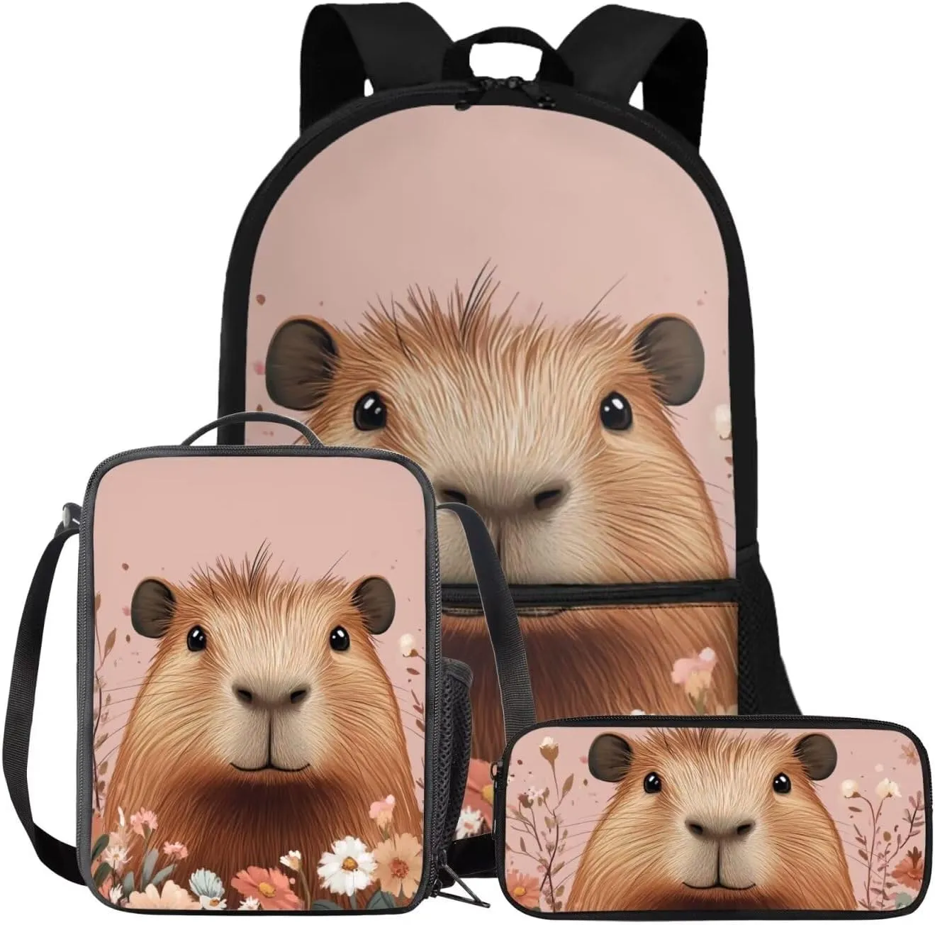 FOR U DESIGNS Capybara Backpacks for Girls 3 Piece Bookbag for Kindergarten Girls Cute 2nd Grade School Bag and Lunch Kit Kawaii 17 Inch Mochilas Para Niñas
