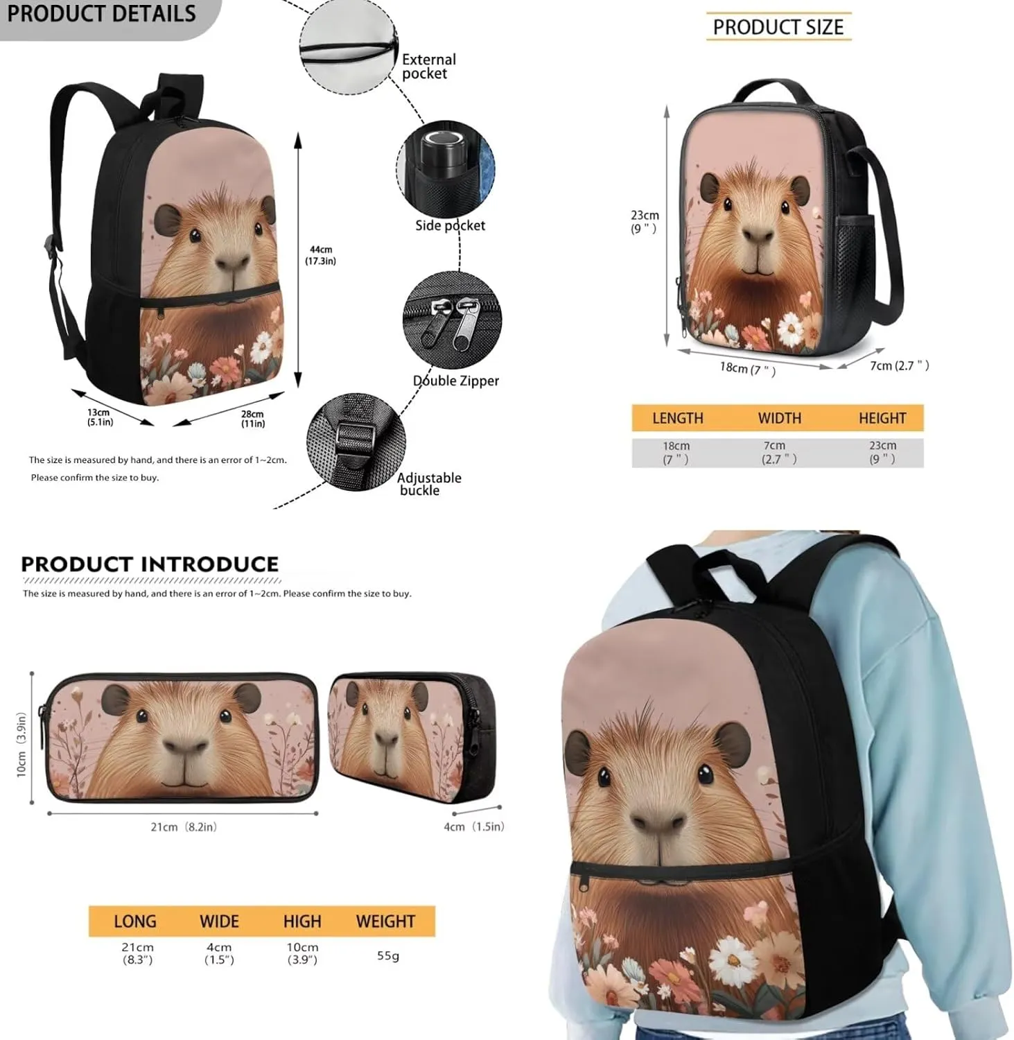 FOR U DESIGNS Capybara Backpacks for Girls 3 Piece Bookbag for Kindergarten Girls Cute 2nd Grade School Bag and Lunch Kit Kawaii 17 Inch Mochilas Para Niñas