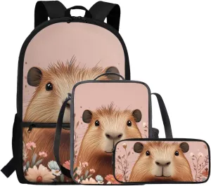 FOR U DESIGNS Capybara Backpacks for Girls 3 Piece Bookbag for Kindergarten Girls Cute 2nd Grade School Bag and Lunch Kit Kawaii 17 Inch Mochilas Para Niñas