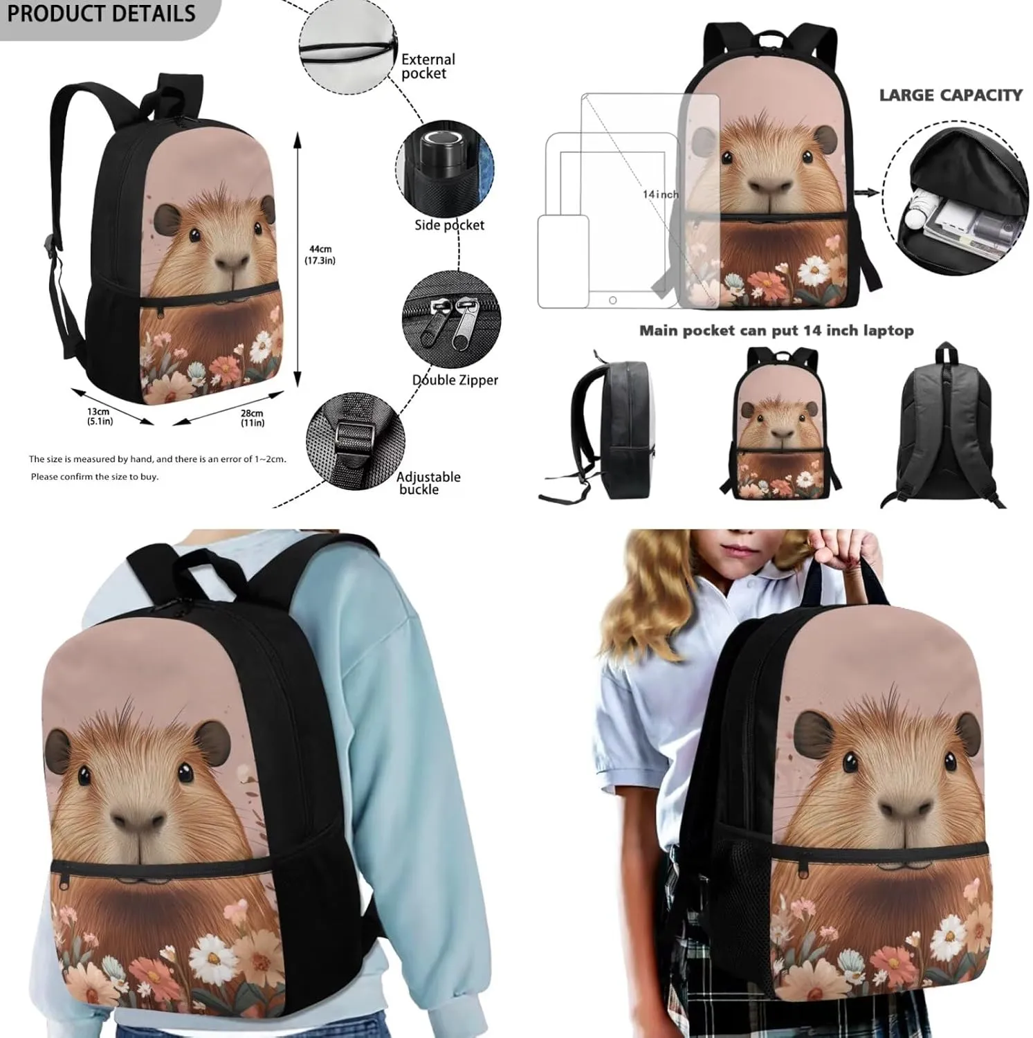 FOR U DESIGNS Capybara Backpacks for Girls 3 Piece Bookbag for Kindergarten Girls Cute 2nd Grade School Bag and Lunch Kit Kawaii 17 Inch Mochilas Para Niñas