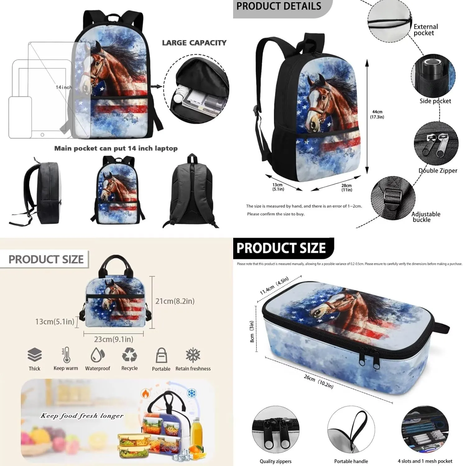 FOR U DESIGNS Horse Backpack for Kids 3 in 1 Backpacks for Girls Teenagers Elementary School Bag with Lunch Bag 4th Grade Book Bags for Girls 8-12 Kawaii Travel Daypack