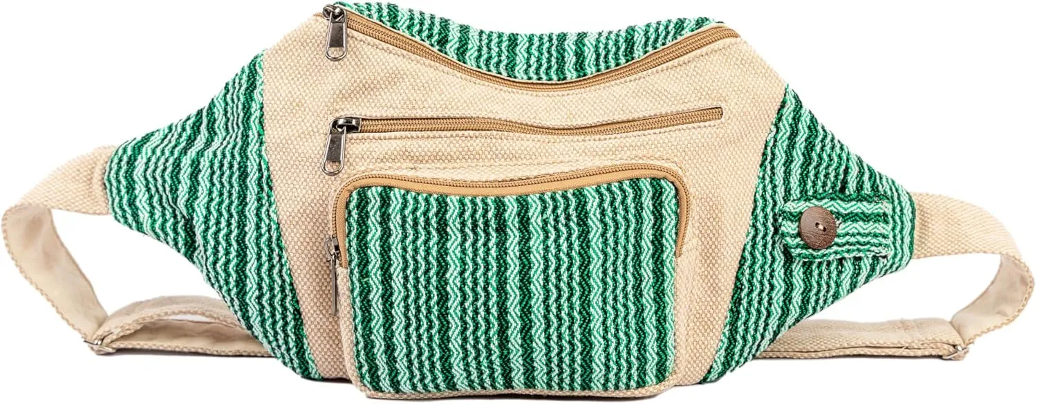 Freakmandu Eco-Friendly Boho Hippie Style Hemp Fanny Pack White Hip Waist Bag for Hiking Running Jogging