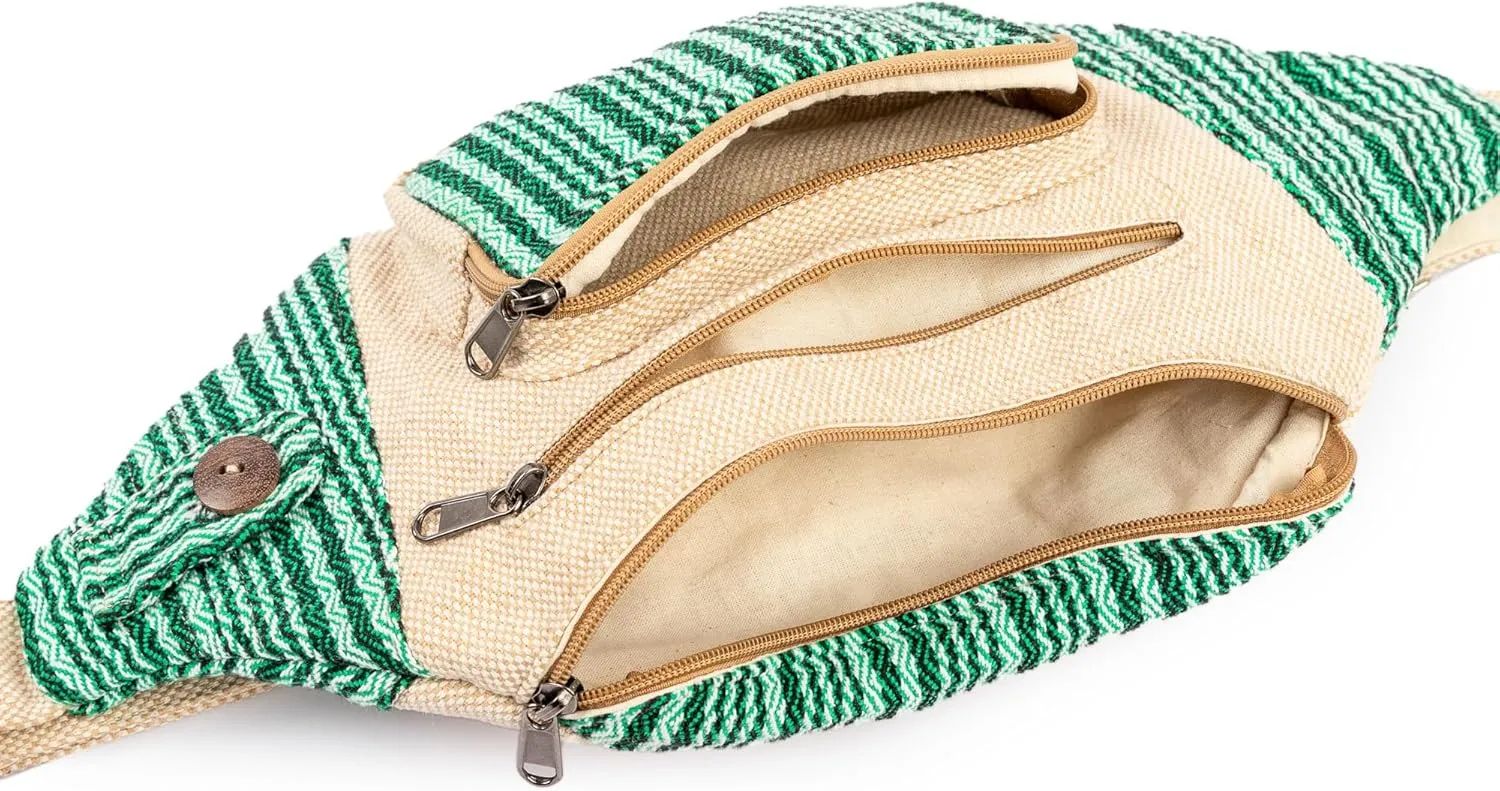 Freakmandu Eco-Friendly Boho Hippie Style Hemp Fanny Pack White Hip Waist Bag for Hiking Running Jogging