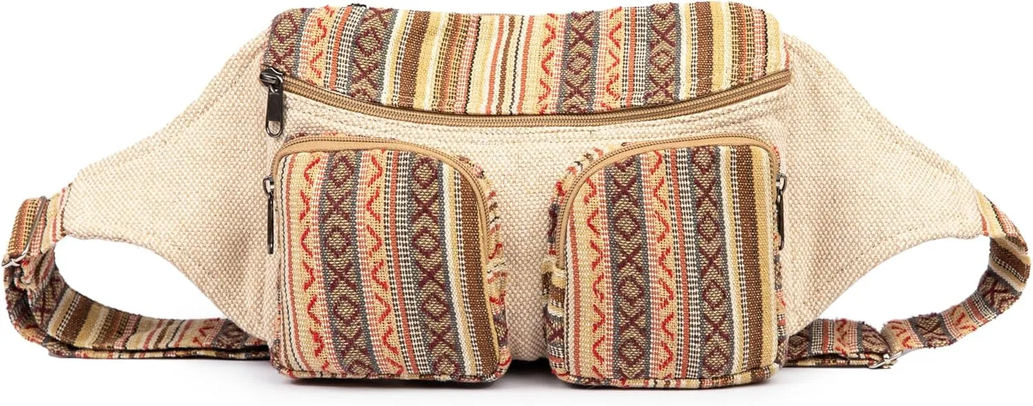 Freakmandu Eco-Friendly Boho Hippie Style Large Hemp Fanny Pack White Hip Waist Bag for Hiking Running Jogging