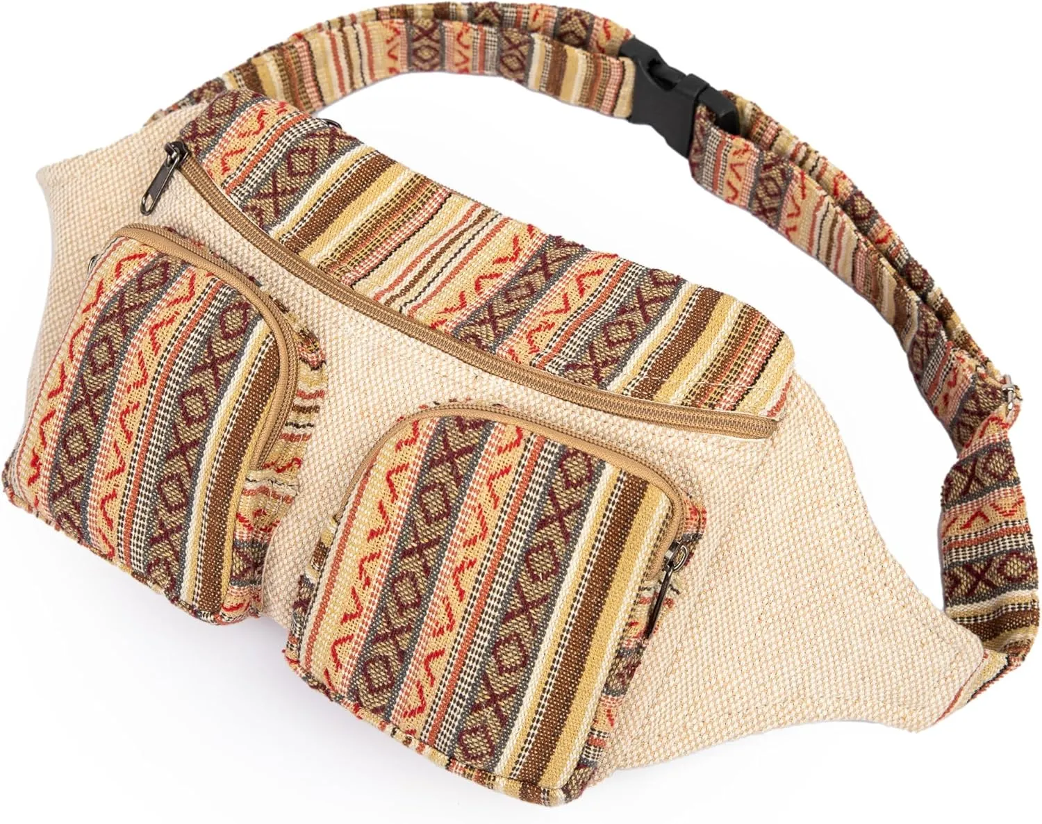 Freakmandu Eco-Friendly Boho Hippie Style Large Hemp Fanny Pack White Hip Waist Bag for Hiking Running Jogging